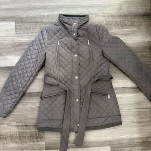 DKNY Gray Zip Up Belted Puffer Jacket